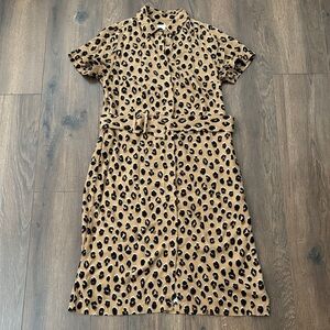 A New Day Leopard Print Midi Dress XS Tan Black Belted Button Front Shirt Dress